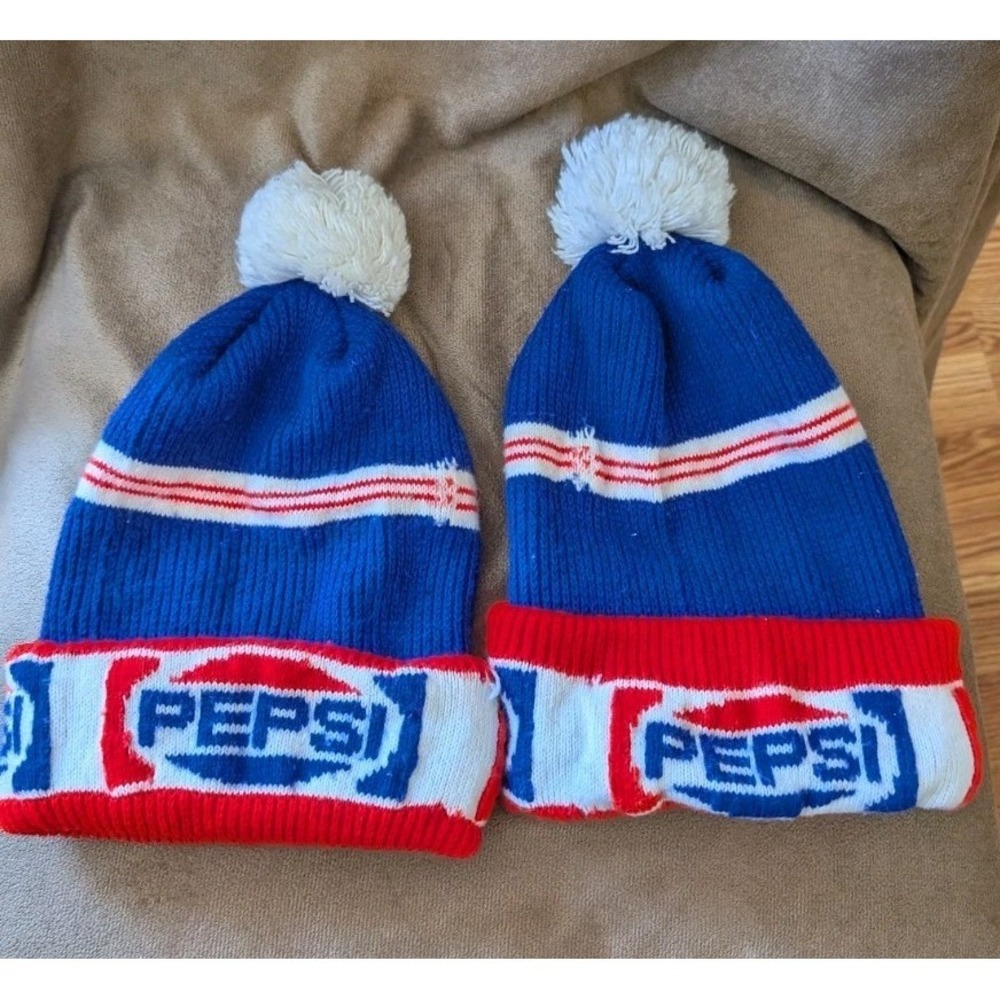 2 Vintage Pepsi Knitted Winter Ski Caps Hats Advertising Pom Pom Rare Design!